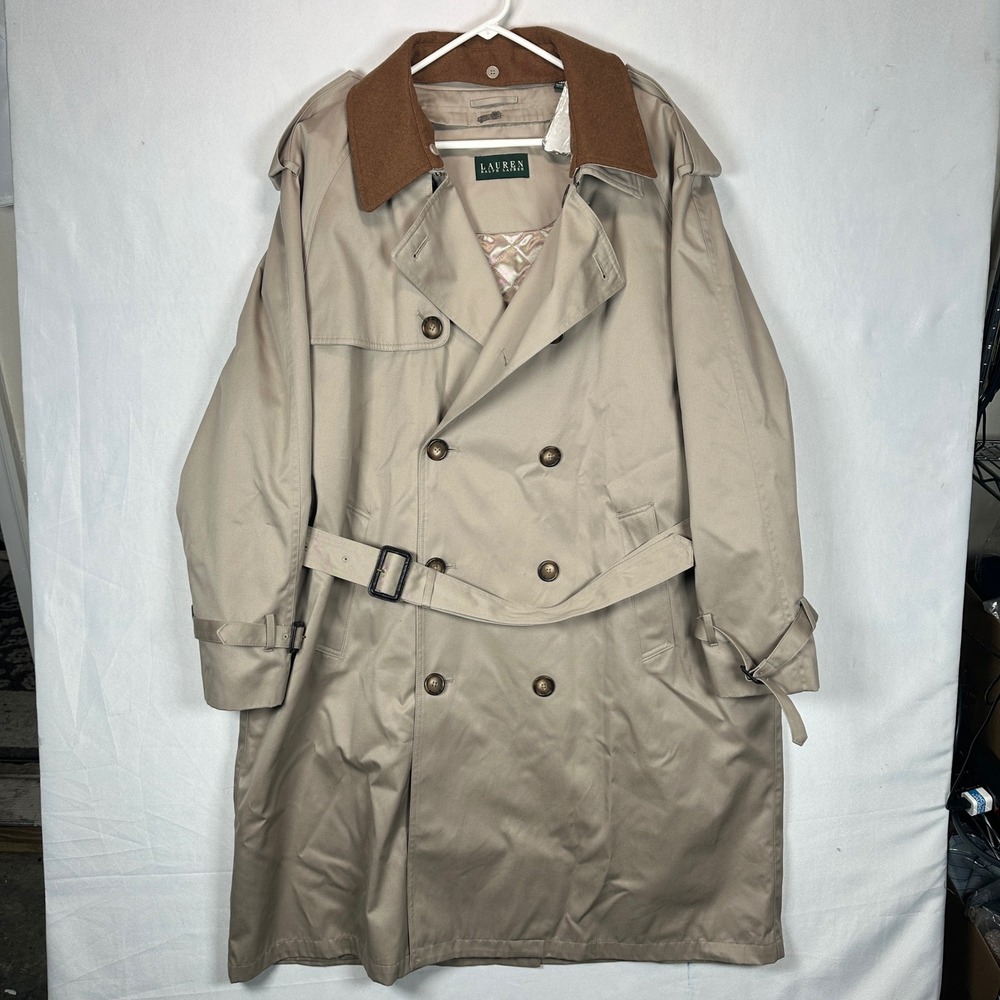 Lauren Ralph Lauren Mens 46R Double Breasted Trench Coat Tan Beige Belted Liner